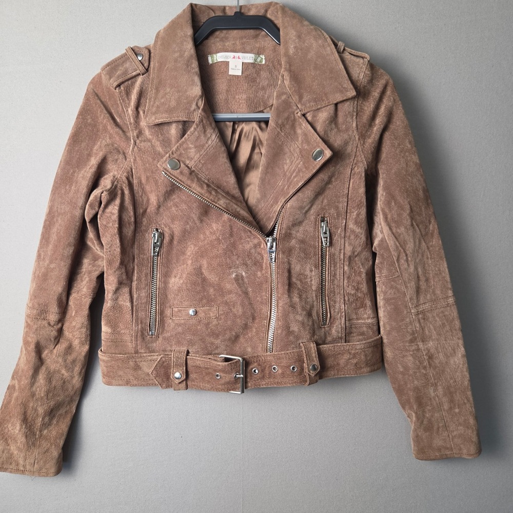 Women's Lt Brown Suede Leather Moto Biker Jacket Belted Size S Western, Boho